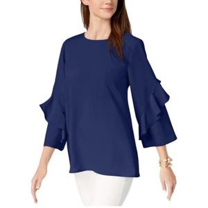 Alfani | Like new ruffle sleeve crew neck zip back blue blouse size small